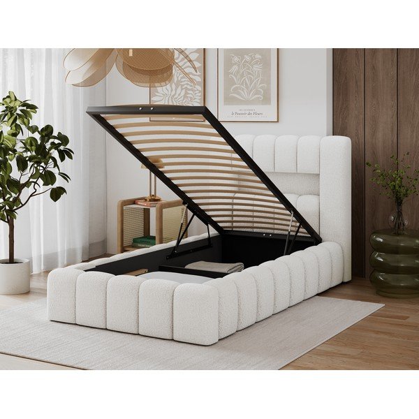 Pat crem tapițat cu spațiu de depozitare cu somieră 90x200 cm Lamica – ELTAP-image-4