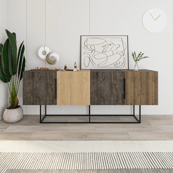 Comodă maro/în culoare naturală joasă cu aspect de lemn de stejar 200x80 cm Titan – Marckeric-image-4