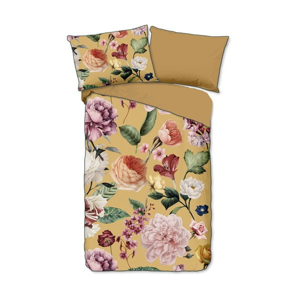 Lenjerie de pat din bumbac organic pentru pat de o persoană Descanso Flowery, 140 x 220 cm, galben