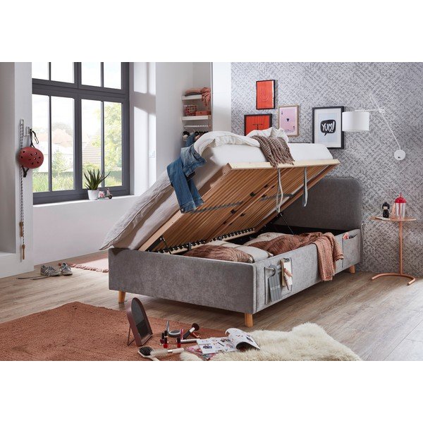 Pat pentru copii  gri cu spațiu de depozitare cu somieră 120x200 cm Cosy – Meise Möbel-image-2