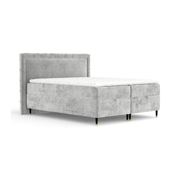 Pat boxspring gri deschis cu spațiu de depozitare 160x200 cm Voyage – Maison de Rêve