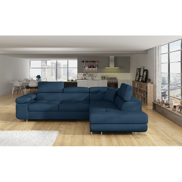 Colțar albastru extensibil/cu spațiu de depozitare cu tapițerie din catifea (cu colț pe partea dreaptă/în formă de ”L”) Anton – ELTAP-image-1