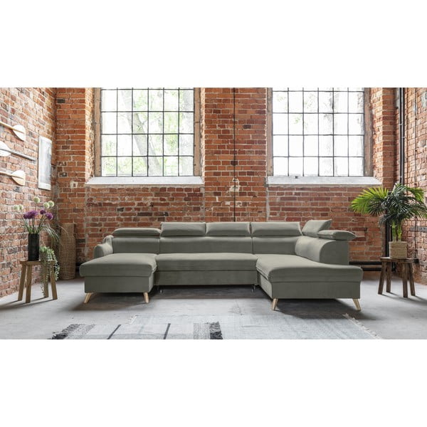 Colțar gri deschis extensibil cu tapițerie din catifea (cu colț pe partea dreaptă/în formă de "U") Sweet Harmony – Miuform-image-1