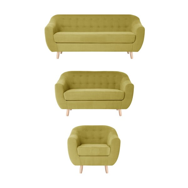 Set fotoliu și 2 canapele pentru 2 și 3 persoane Jalouse Maison Vicky, galben