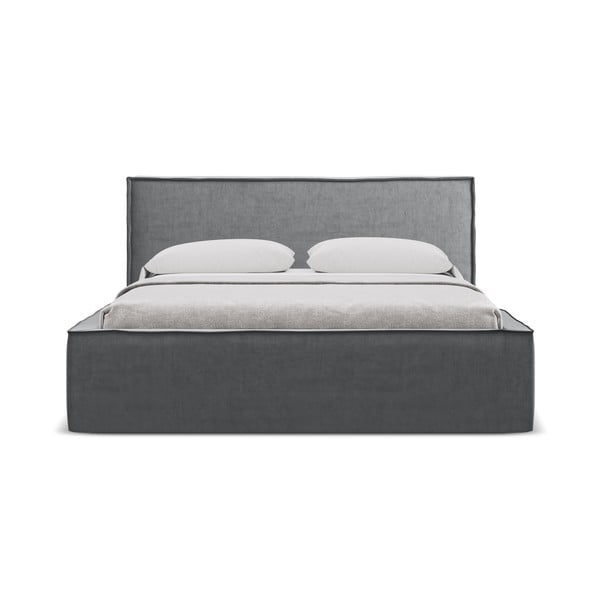 Pat matrimonial gri închis tapițat cu spațiu de depozitare cu somieră 180x200 cm Anani – Makamii-image-3