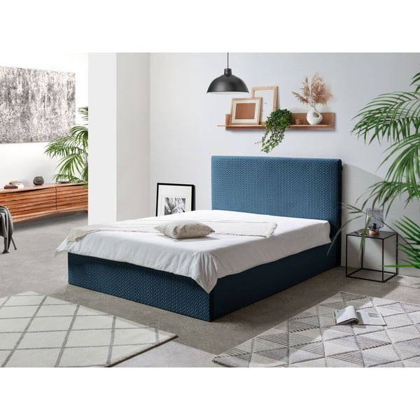 Pat matrimonial 160x200 cm albastru tapițat cu spațiu de depozitare cu somieră Adele – Bobochic Paris-image-1
