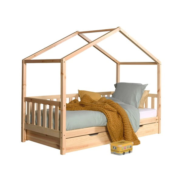 Pat pentru copii  în culoare naturală de tip casă/cu extensie suplimentară din lemn masiv de pin cu spațiu de depozitare 90x200 cm DALLAS – Vipack