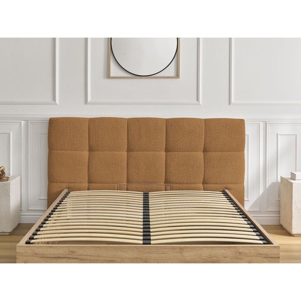 Pat matrimonial galben ocru tapițat/din  placă aglomerată de lemn tapițat cu spațiu de depozitare cu somieră 180x200 cm Kumo – Bobochic Paris-image-4