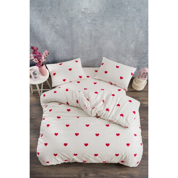 Lenjerie de pat crem din bumbac ranforcé pentru pat dublu/extins cu cearceaf inclus/cu 4 piese 200x220 cm Mini Hearts – Mila Home