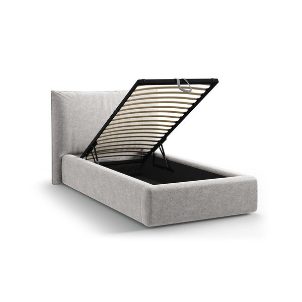 Pat gri deschis tapițat cu spațiu de depozitare cu somieră 90x200 cm Kaelle – Micadoni -image-1