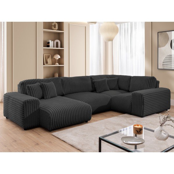 Colțar gri închis cu tapițerie din catifea reiată  (cu colț pe partea dreaptă/în formă de "U") Justin – Ropez-image-4