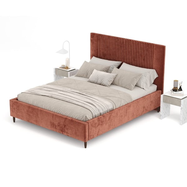 Pat matrimonial cărămiziu tapițat cu spațiu de depozitare cu somieră 160x200 cm Etero – Maison de Rêve-image-4