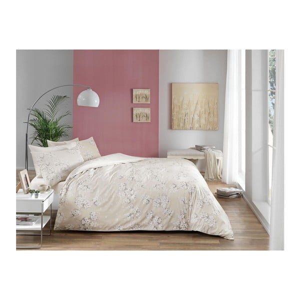 Lenjerie de pat cu cearşaf din bumbac satinat Flora Cream, 200 x 220 cm
