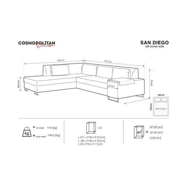 Canapea extensibilă cu șezlong pe partea stângă Cosmopolitan Design San Diego, gri-image-2