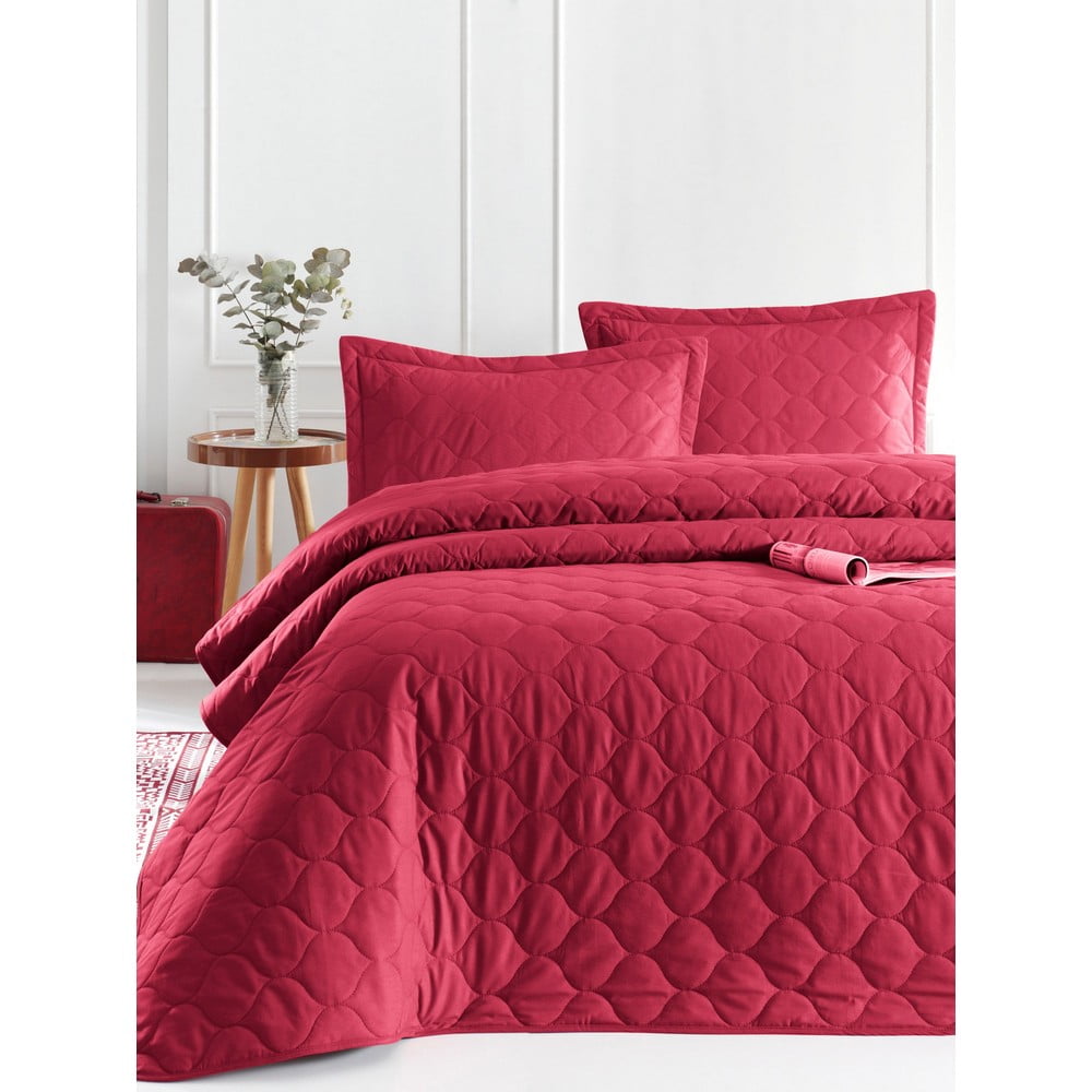 Cuvertură de pat cu 2 fețe de pernă din bumbac ranforce Mijolnir Fresh, 225 x 240 cm, roșu închis