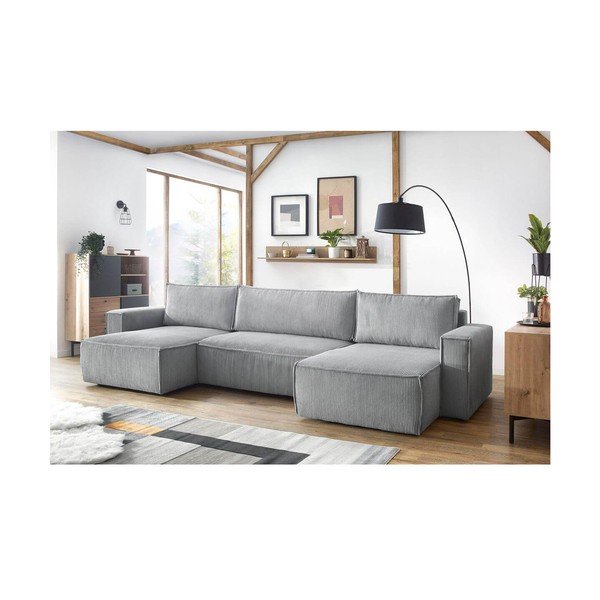 Colțar gri deschis extensibil cu tapițerie din catifea reiată  (în formă de "U") Nihad – Bobochic Paris-image-1