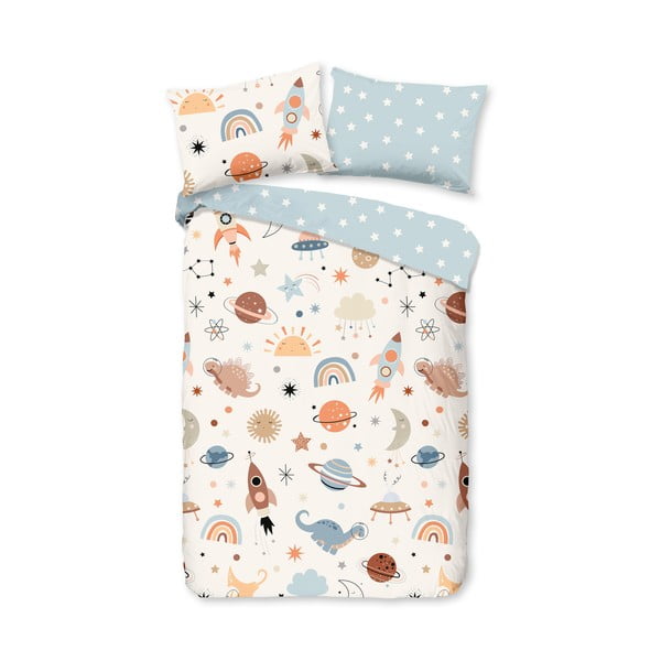 Lenjerie de pat pentru copii albastră-bej din bumbac pentru pătuț 100x135 cm Eclips – Good Morning