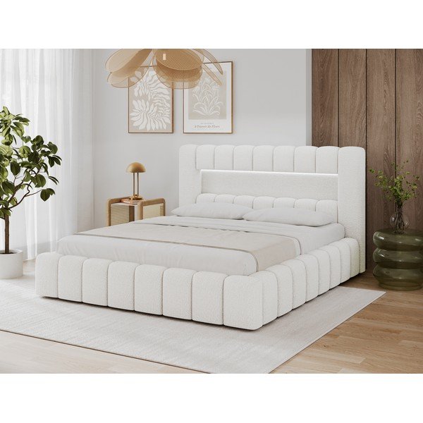 Pat matrimonial crem tapițat cu spațiu de depozitare cu somieră 180x200 cm Lamica – ELTAP-image-4