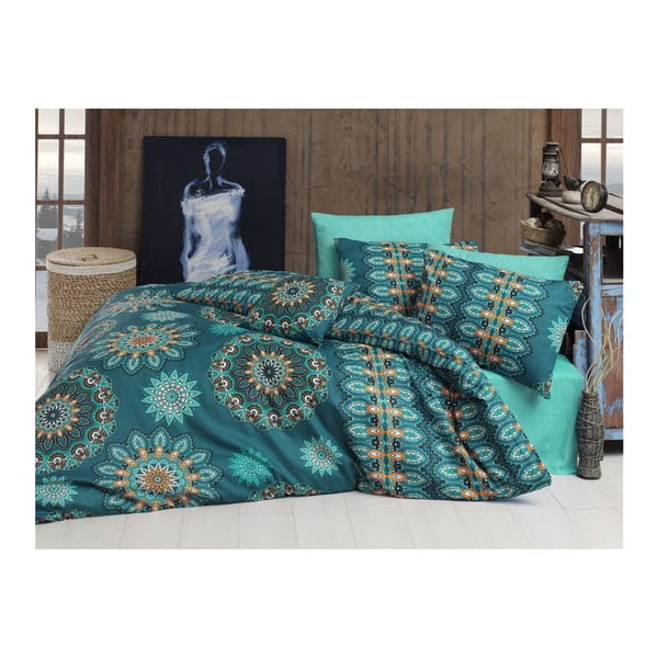Lenjerie de pat din bumbac cu cearșaf Hula Blue, 200x220 cm