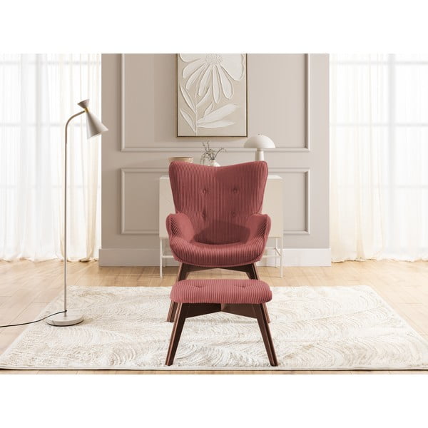 Fotoliu cu taburet roșu cu tapițerie din catifea reiată Niko – Ropez-image-1