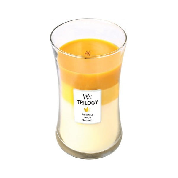 Lumânare parfumată WoodWick Trilogy, aromă de ananas, citrice și cocos, 130 ore