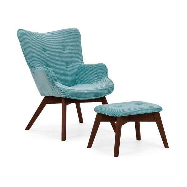 Fotoliu cu taburet turcoaz cu tapițerie din catifea reiată Niko – Ropez