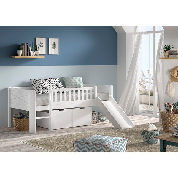 Pat pentru copii  alb înalt din lemn de pin cu spațiu de depozitare cu somieră 90x200 cm Scott – Vipack-image-1