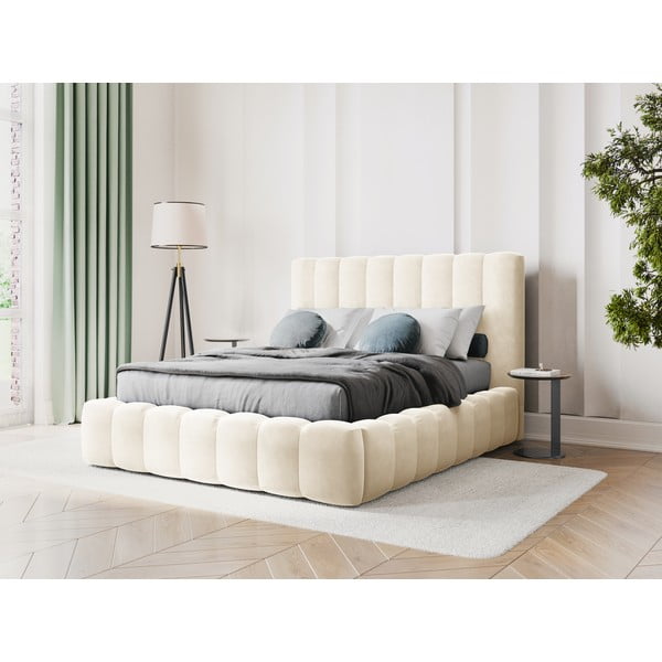 Pat dublu 160x200 cm bej tapițat cu spațiu de depozitare și somieră Kelp – Micadoni Home-image-1