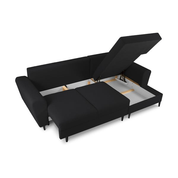 Colțar negru extensibil, cu spațiu de depozitare cu tapițerie din țesătură bouclé (cu colț pe partea dreaptă, cu șezlong) Kyoto – Cosmopolitan Design-image-3