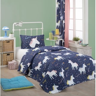 Set cuvertură pentru pat și față de pernă Eponj Home Magic Unicorn Dark Blue, 160 x 220 cm