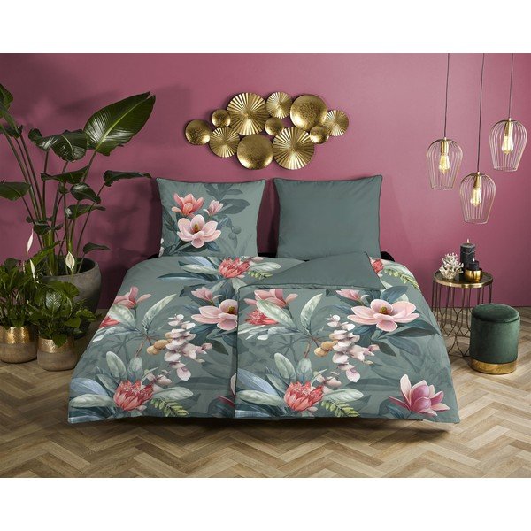 Lenjerie de pat din bumbac organic pentru pat de o persoană Descanso Rose, 140 x 220 cm, verde-image-1