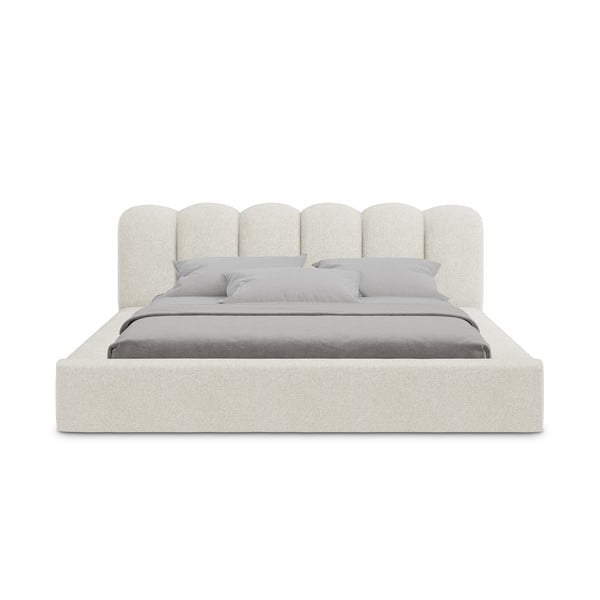 Pat matrimonial crem tapițat cu spațiu de depozitare cu somieră 140x200 cm Mano – Makamii-image-3