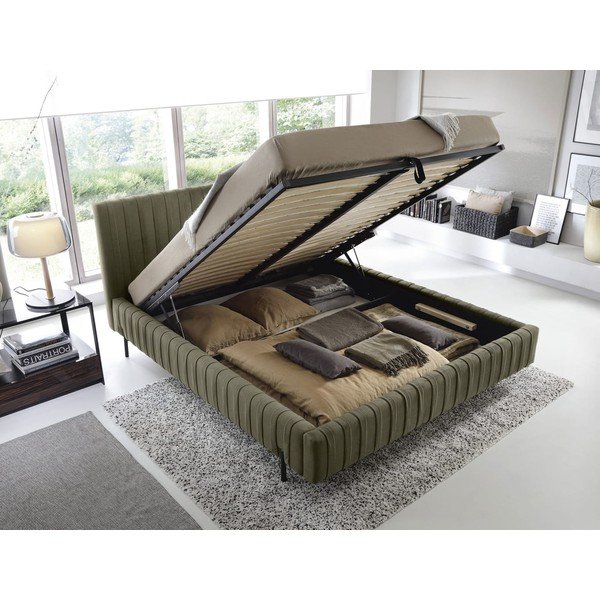 Pat matrimonial verde tapițat cu spațiu de depozitare cu somieră 180x200 cm Plissa – ELTAP-image-2