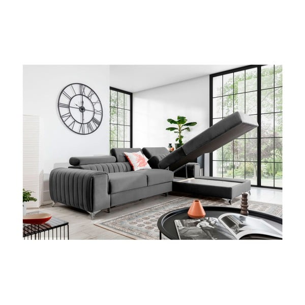 Colțar gri extensibil/cu spațiu de depozitare cu tapițerie din catifea (cu colț pe partea dreaptă/cu șezlong) Grayson – ELTAP-image-3