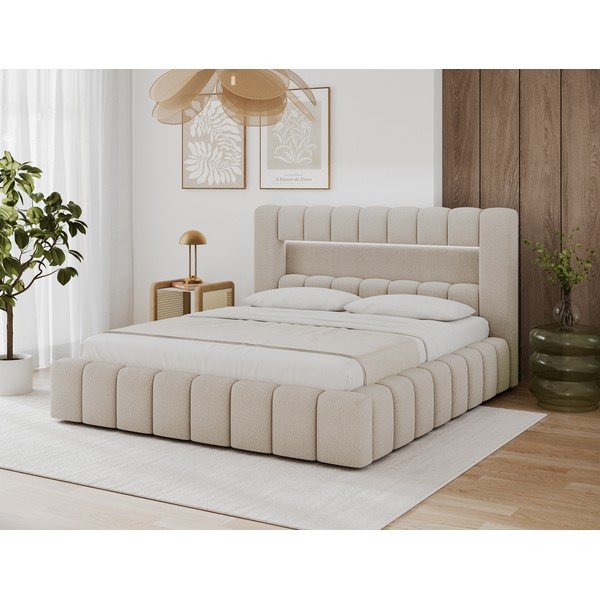 Pat matrimonial bej tapițat cu spațiu de depozitare cu somieră 140x200 cm Lamica – ELTAP-image-1