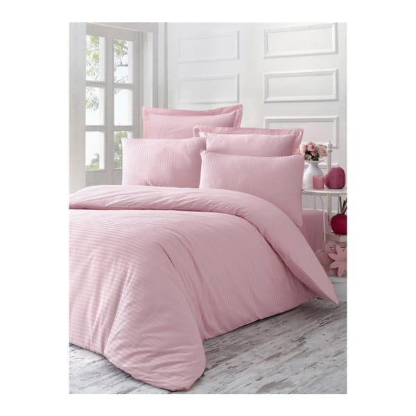 Lenjerie din bumbac și cearșaf pentru pat dublu Poline, 200 x 220 cm, roz