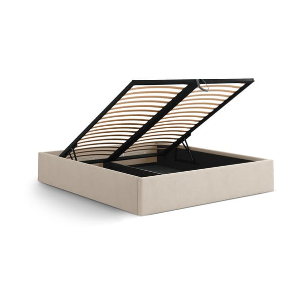 Pat matrimonial maro deschis tapițat cu spațiu de depozitare/fără tăblie cu somieră 200x200 cm Susan – Micadoni -image-3