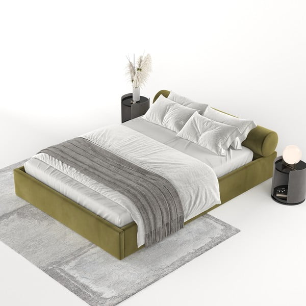 Pat matrimonial verde închis tapițat cu spațiu de depozitare cu somieră 140x200 cm Solvo – Maison de Rêve-image-3