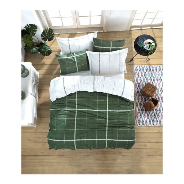 Lenjerie de pat cu cearșaf din bumbac ranforce, pentru pat dublu Mijolnir Maya Green, 160 x 220 cm