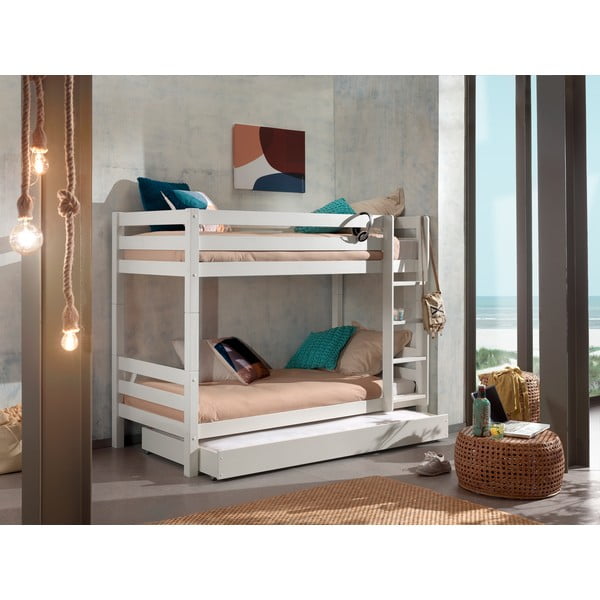 Pat pentru copii  alb supraetajat/cu extensie suplimentară din lemn de pin cu spațiu de depozitare 90x200 cm PINO – Vipack-image-1