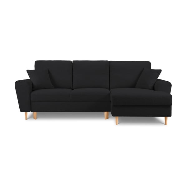 Colțar negru extensibil, cu spațiu de depozitare cu tapițerie din țesătură bouclé (cu colț pe partea dreaptă, cu șezlong) Kyoto – Cosmopolitan Design