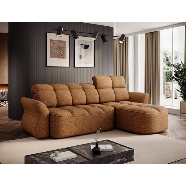 Colțar galben/maro extensibil/cu spațiu de depozitare cu tapițerie din catifea (cu colț pe partea dreaptă/cu șezlong) Beneth – ELTAP-image-1