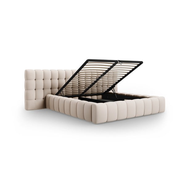 Pat matrimonial bej tapițat cu spațiu de depozitare cu somieră 160x200 cm Mamaia – Micadoni Home-image-3