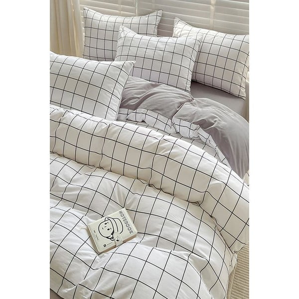 Lenjerie de pat albă/gri din bumbac ranforcé pentru pat de o persoană/extinsă cu cearceaf inclus/cu 3 piese 160x220 cm Checkered – Mila Home-image-1