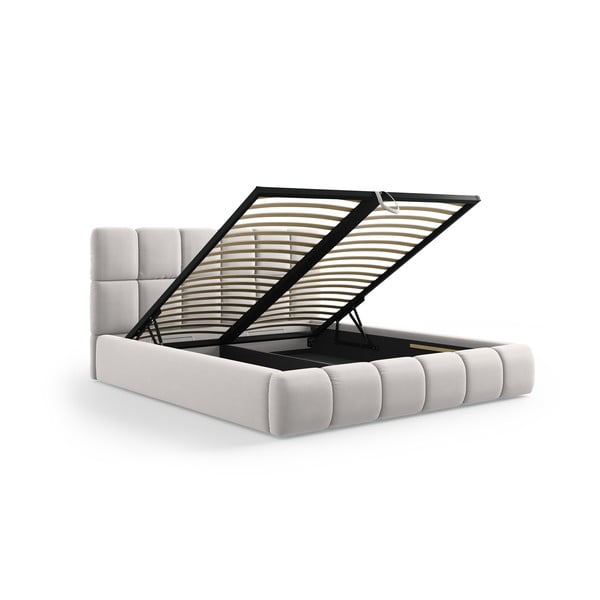 Pat matrimonial gri deschis tapițat din catifea cu spațiu de depozitare cu somieră 140x200 cm Bellis – Micadoni -image-2