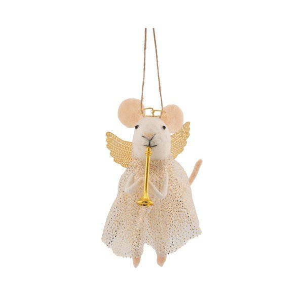 Ornament de Crăciun din material textil 6 cm Angel Mouse Playing the Trumpet – Sass & Belle