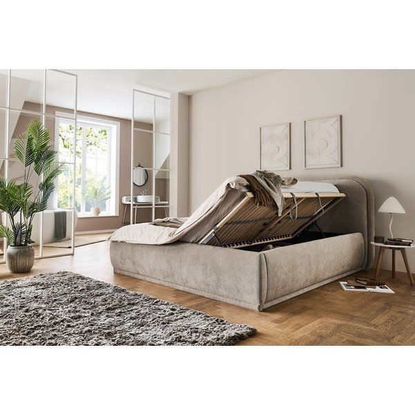 Pat matrimonial bej tapițat cu spațiu de depozitare cu somieră 160x200 cm Soma – Meise Möbel-image-1