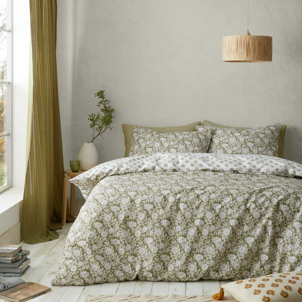 Lenjerie de pat albă/verde pentru pat de o persoană 135x200 cm Tangier Floral – Pineapple Elephant
