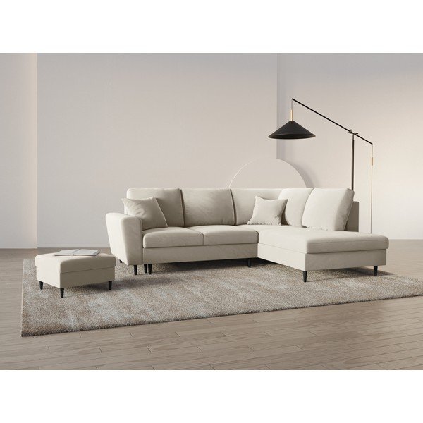 Colțar bej extensibil, cu spațiu de depozitare cu tapițerie din catifea (cu colț pe partea dreaptă-în formă de ”L”) Kyoto – Cosmopolitan Design-image-2