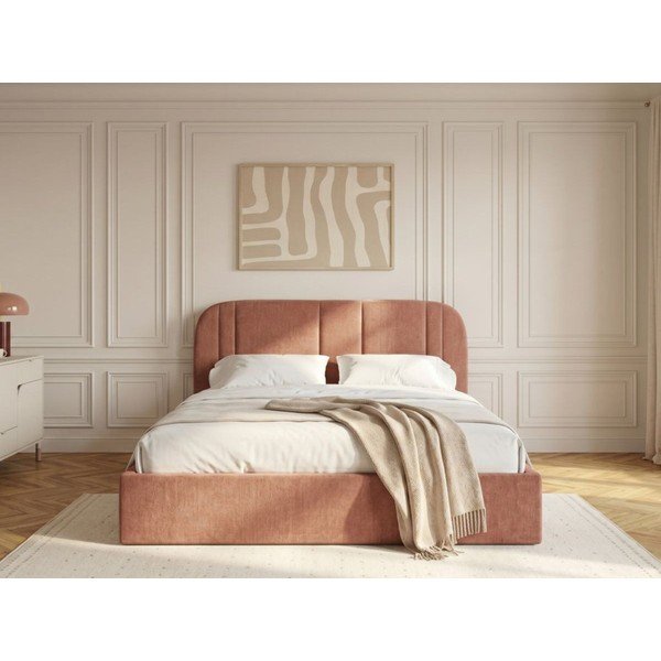 Pat matrimonial roz tapițat cu spațiu de depozitare cu somieră 160x200 cm Sidney – Bobochic Paris-image-2